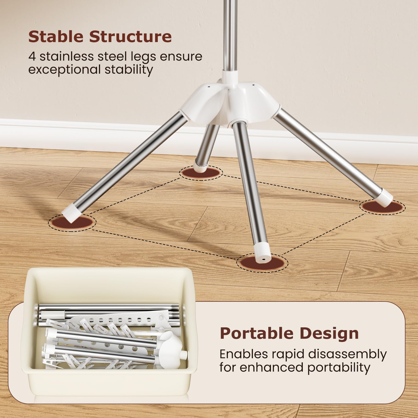Abiglifty drying rack stably standing on tile or wood.