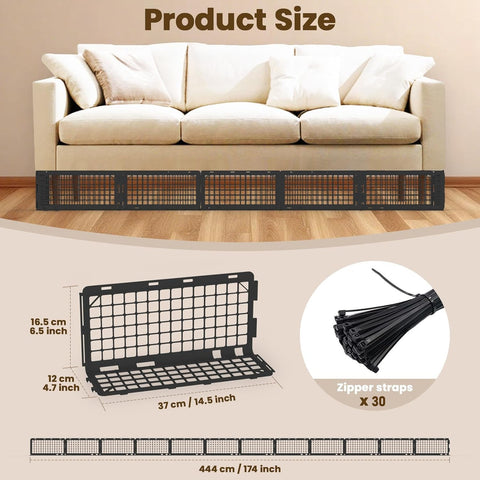 Abiglifty under-couch blocker fit-under-sofa illustrates tool-free installation.