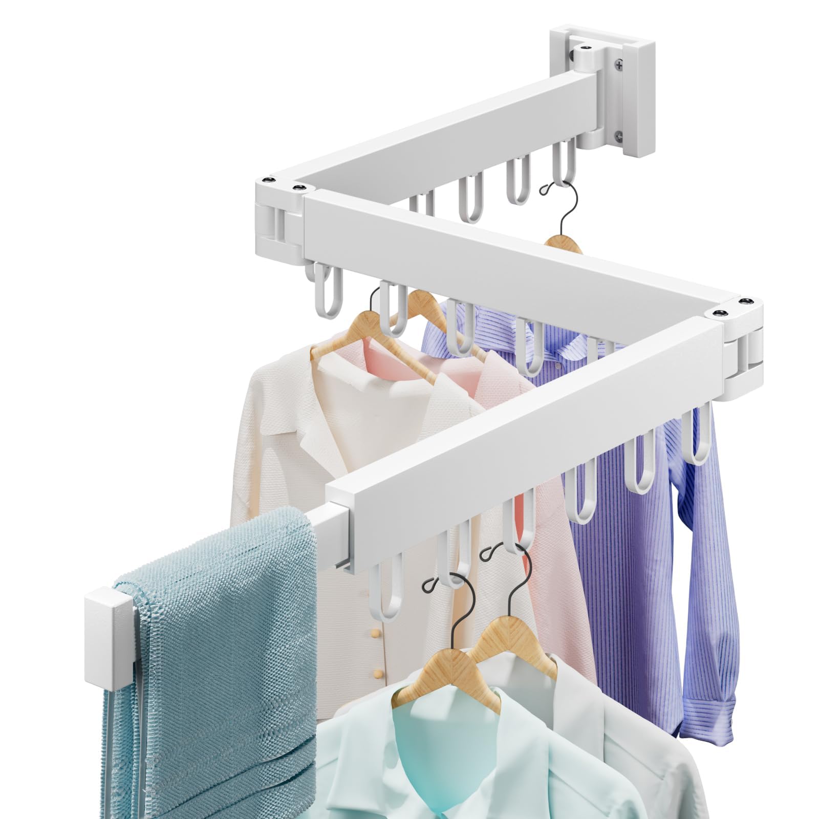 Abiglifty wall-mounted drying rack with 18 hooks for indoor laundry and space saving.