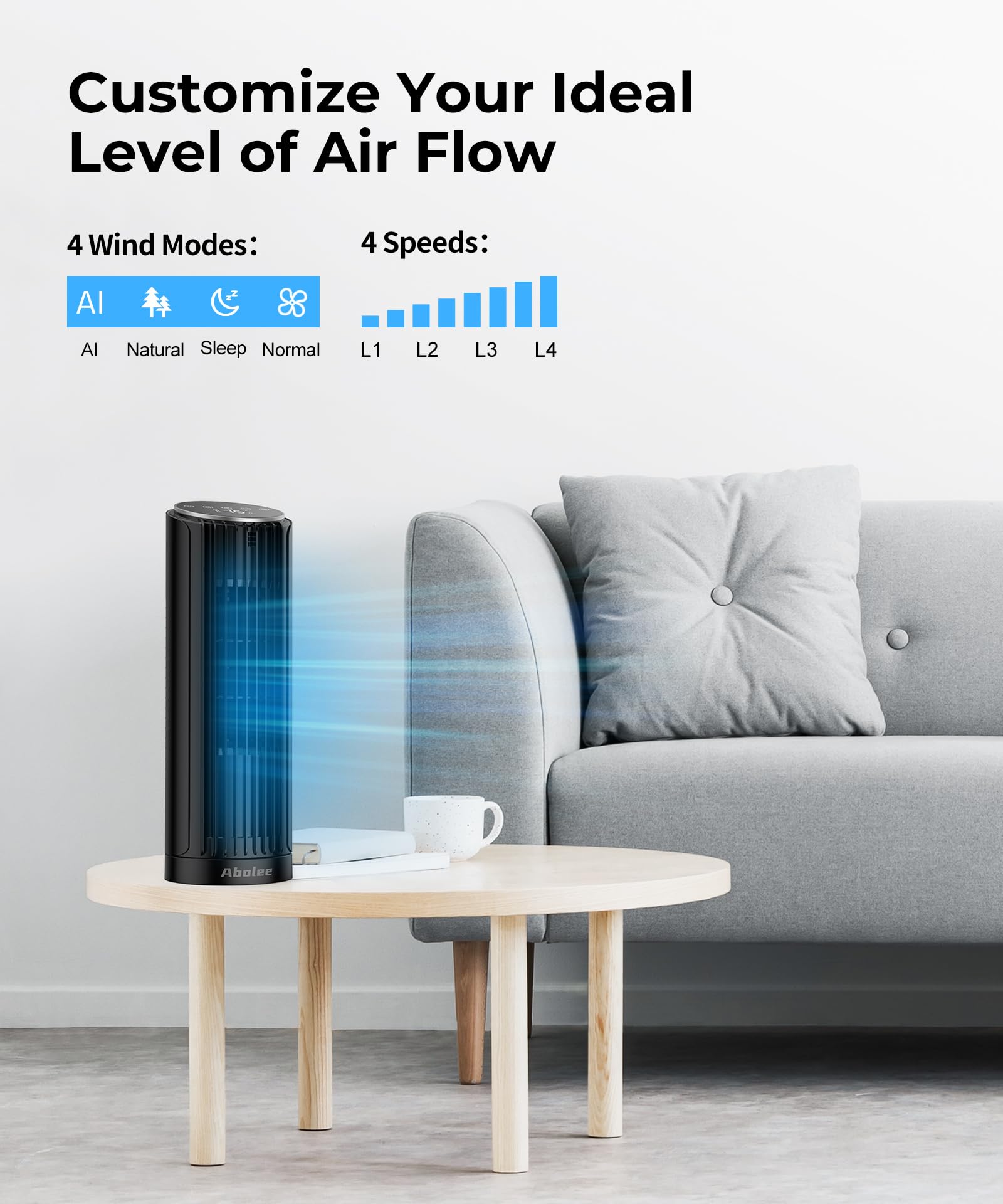 Abolee 13-inch bladeless tower fan with sleek design for safe use.