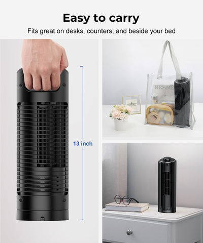 Abolee desk fan compact design fits desks, shelves, or nightstands.
