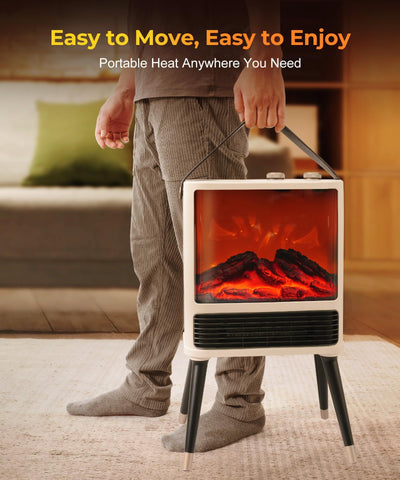 Abolee fireplace heater enhances bedroom corners with warm ambience.