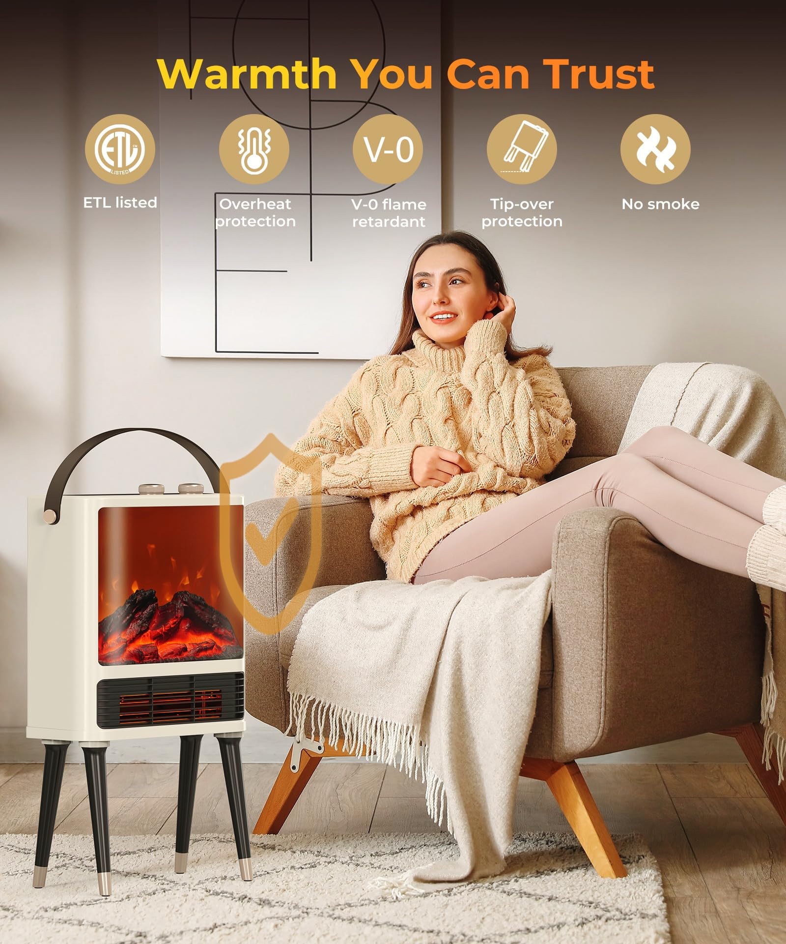 Abolee fireplace space heater front view showcases vintage-inspired design.