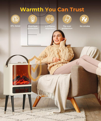 Abolee fireplace space heater front view showcases vintage-inspired design.