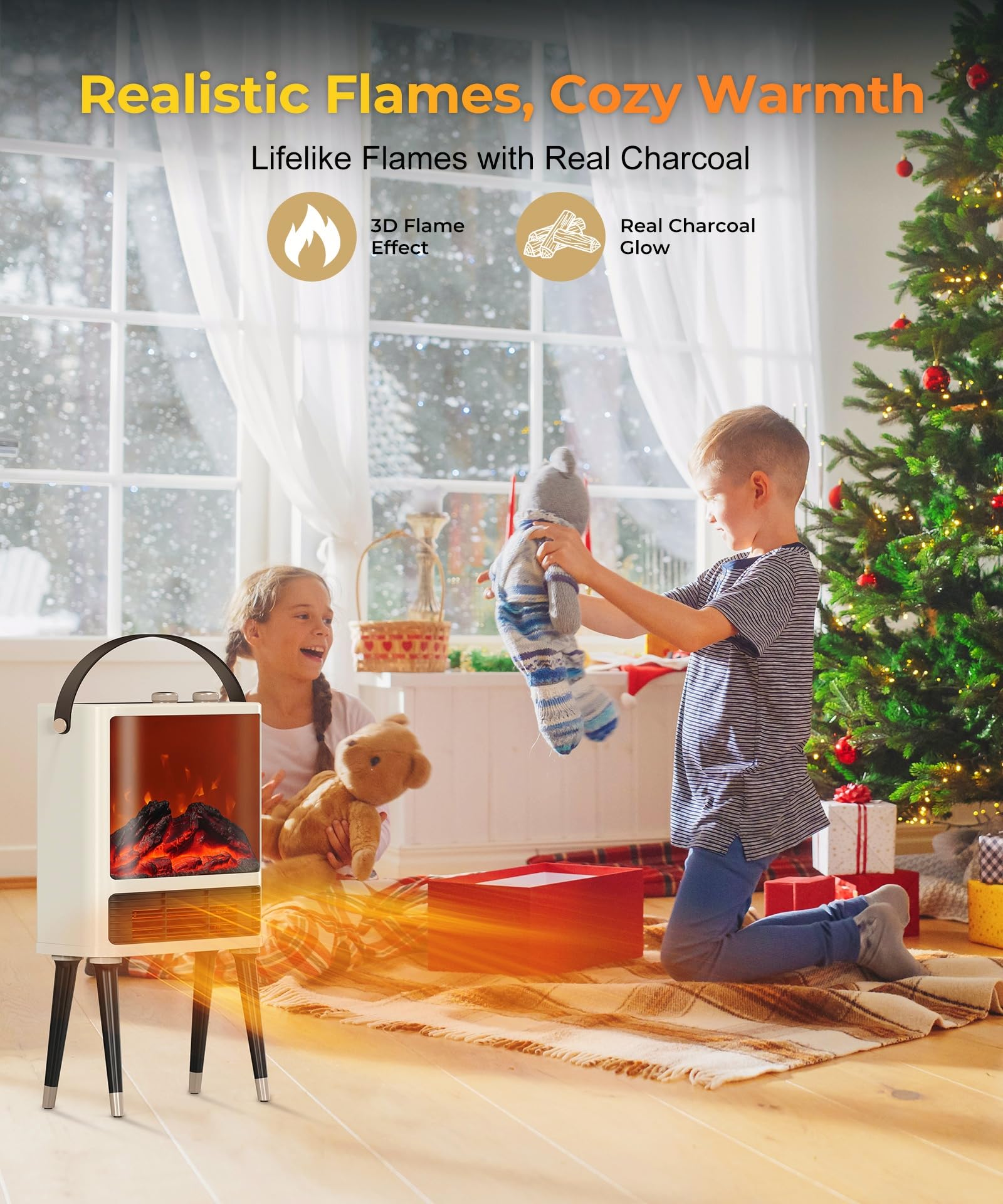 Abolee fireplace heater with portable carry handle for easy moving.