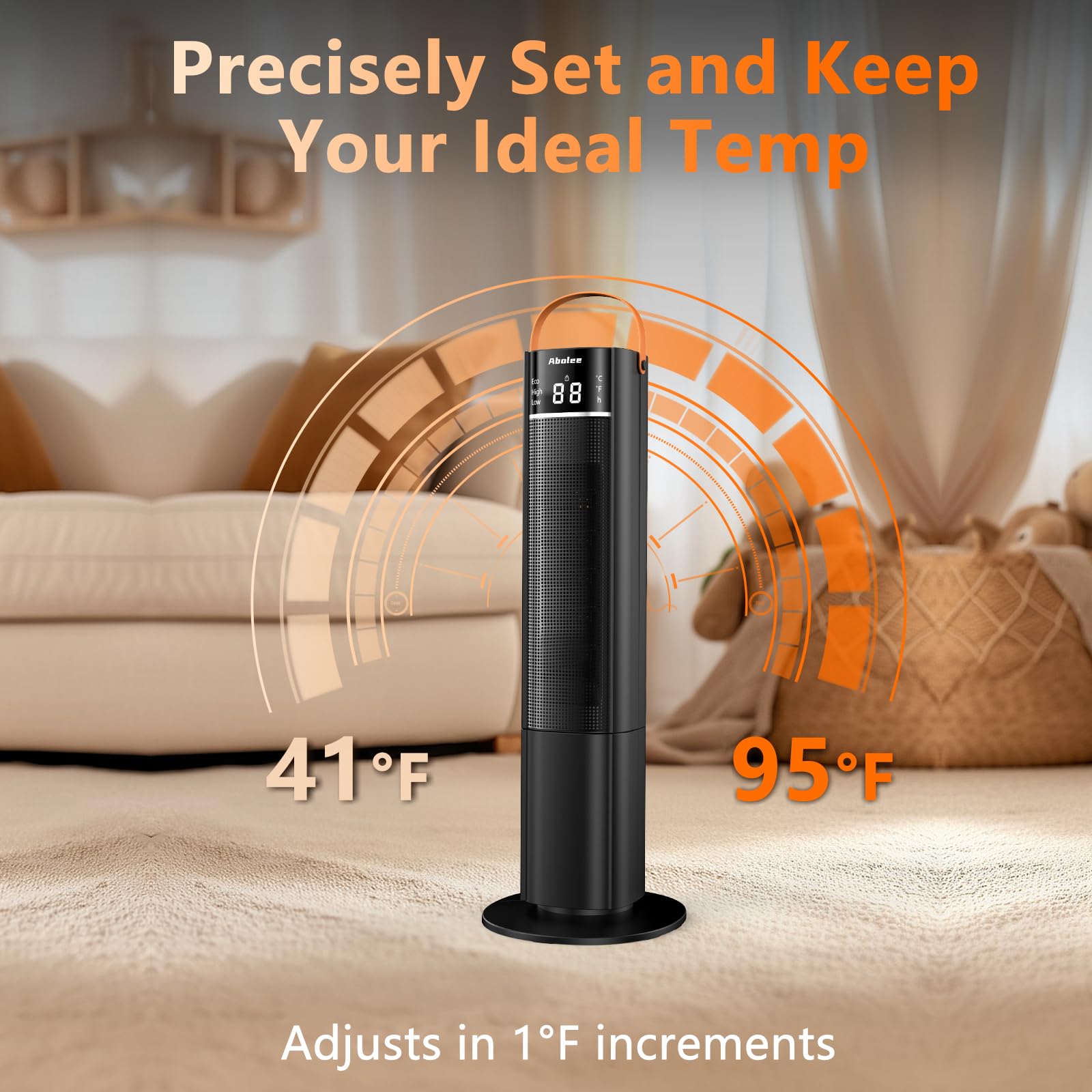 Abolee 1500W large-room heater efficiently heats sizeable spaces.