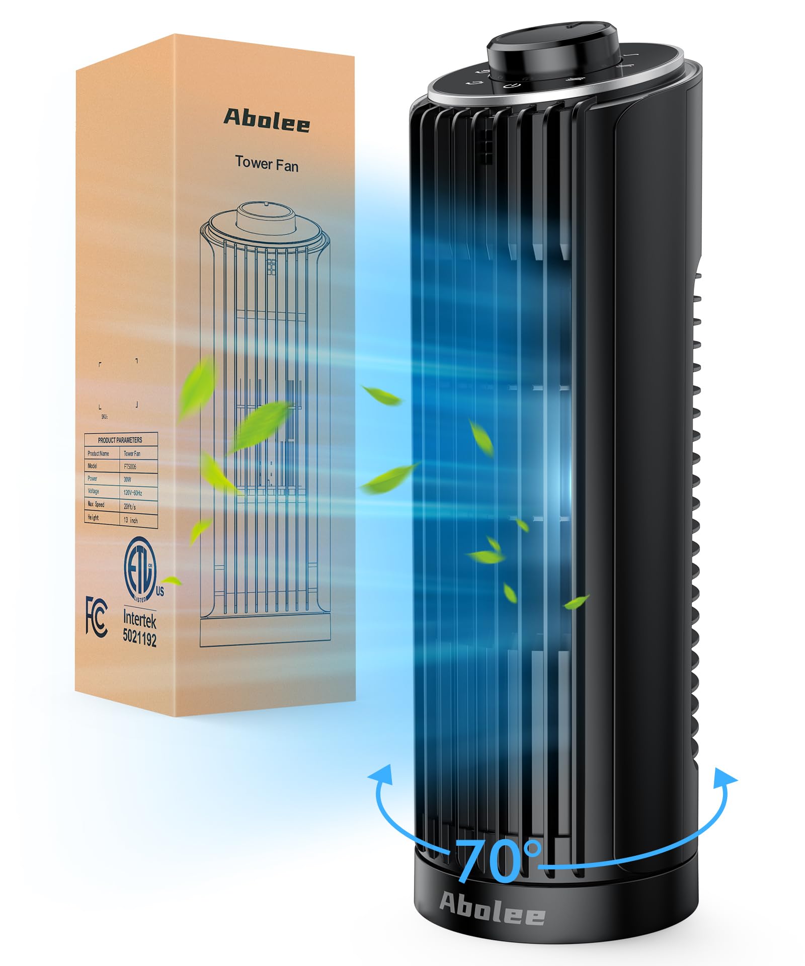 Abolee tower fan shows 23 ft/s wind speed for personalized cooling at the workspace.