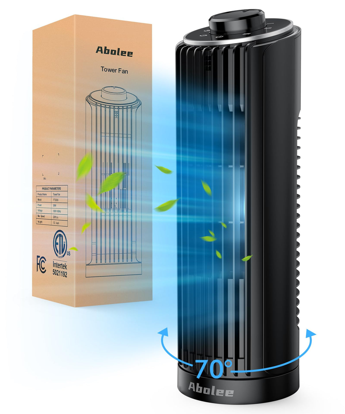 Abolee tower fan shows 23 ft/s wind speed for personalized cooling at the workspace.