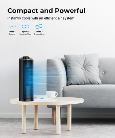 Abolee tower fan with 70-degree oscillation delivers wide-area comfort.