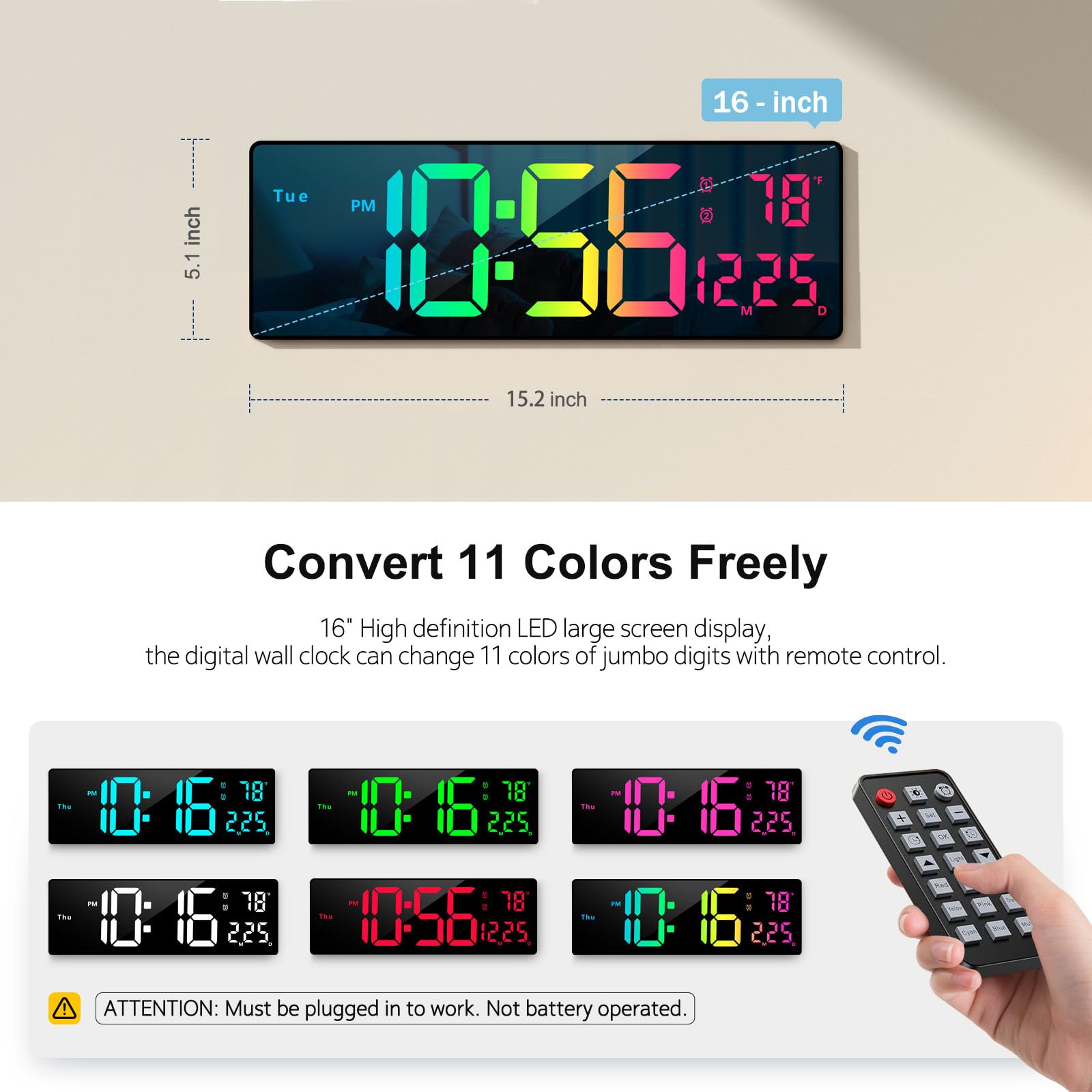 Abovsare digital wall clock remote control enables quick color and brightness adjustments.