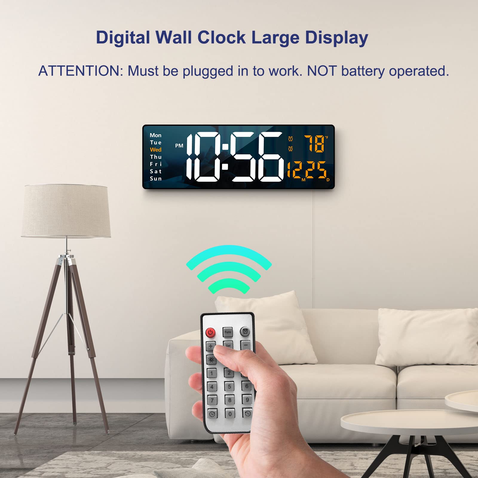 Abovsare wall clock remote control enables convenient adjustments without leaving your seat.