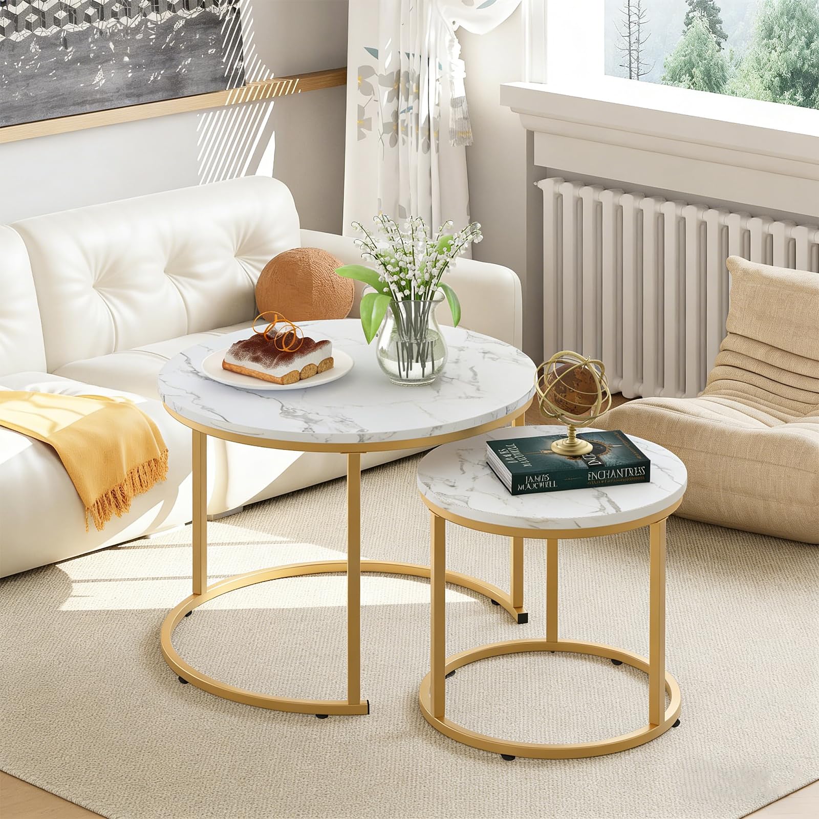 aboxoo coffee table nesting set — small white marble top hidden under larger table
