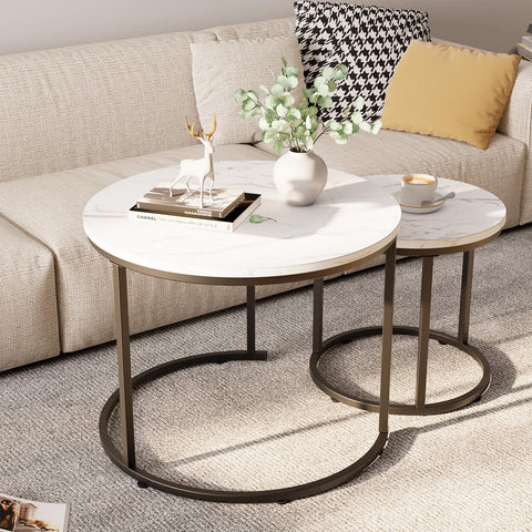 aboxoo round nesting coffee table with small white faux marble top; versatile nesting option.