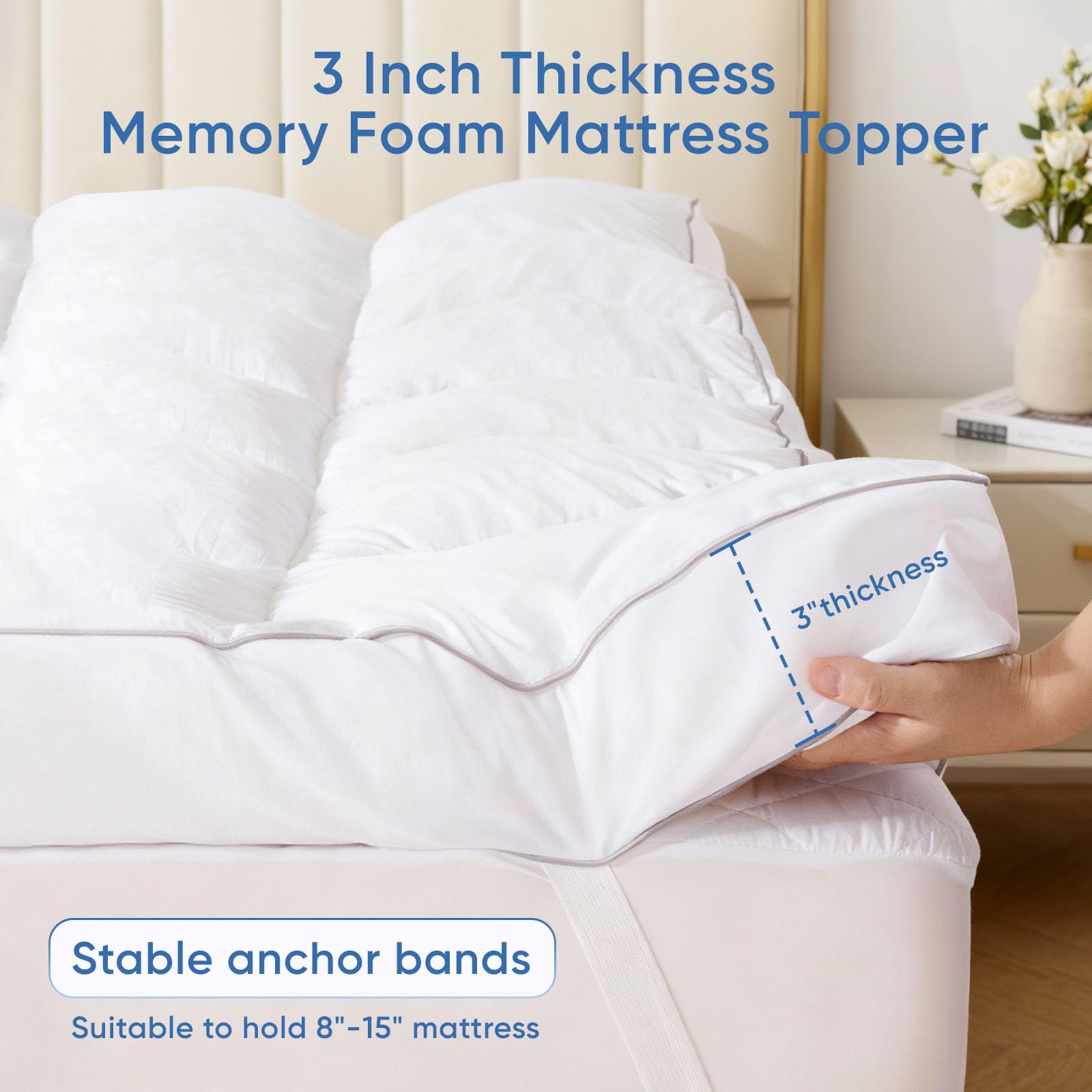 ABROLOY memory-foam topper 3-inch thickness side view showing cloud-like cushioning