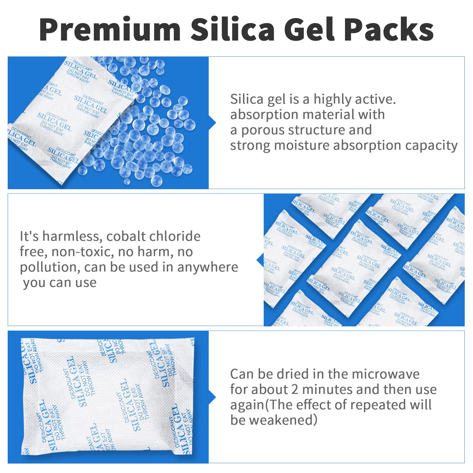Reusable silica gel for microwave reactivation and extended use.