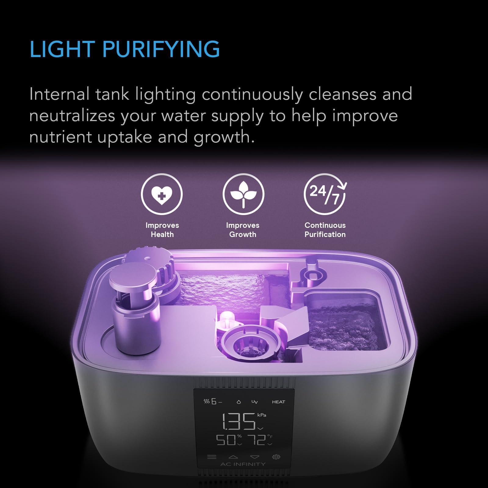 AC Infinity CloudForge T5 water purification system keeps the reservoir clean.