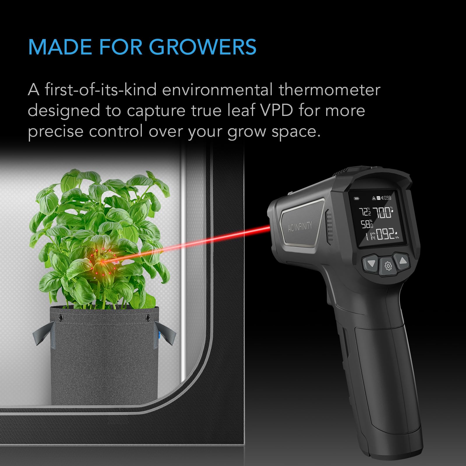 AC Infinity VPD Thermometer captures air and leaf VPD for precise control.