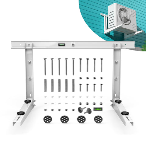 AC MountSolutions heavy-duty outdoor bracket mounted on wall securing 9K–24K BTU units