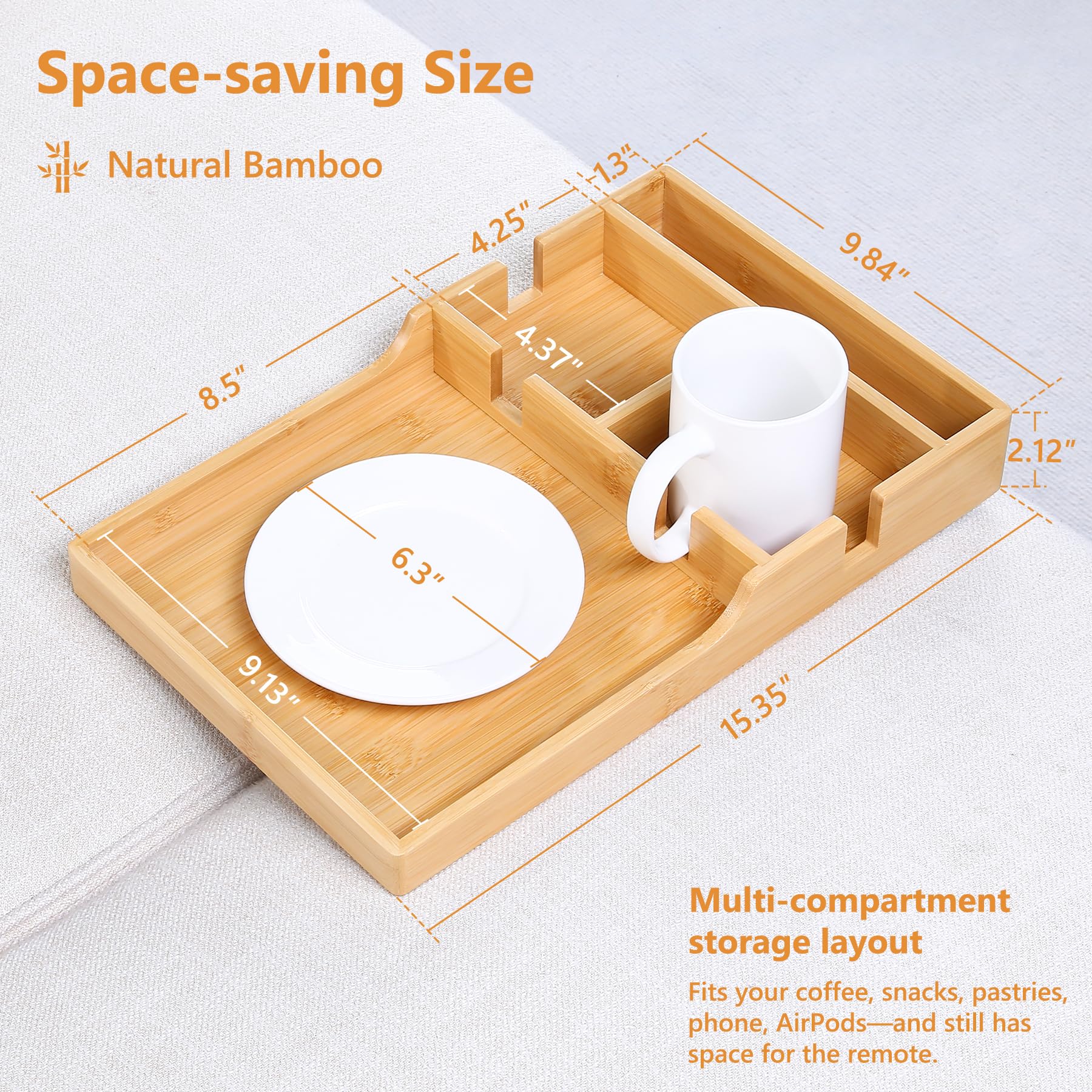 Acanacle bamboo couch table with two cup holders keeps beverages within reach.