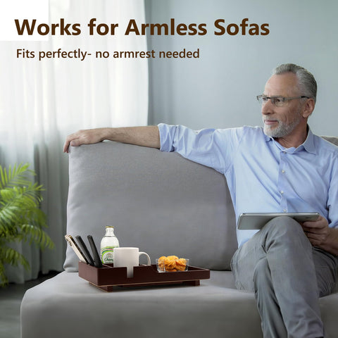 Acanacle compact tray fits armless sectionals without blocking access to arms.