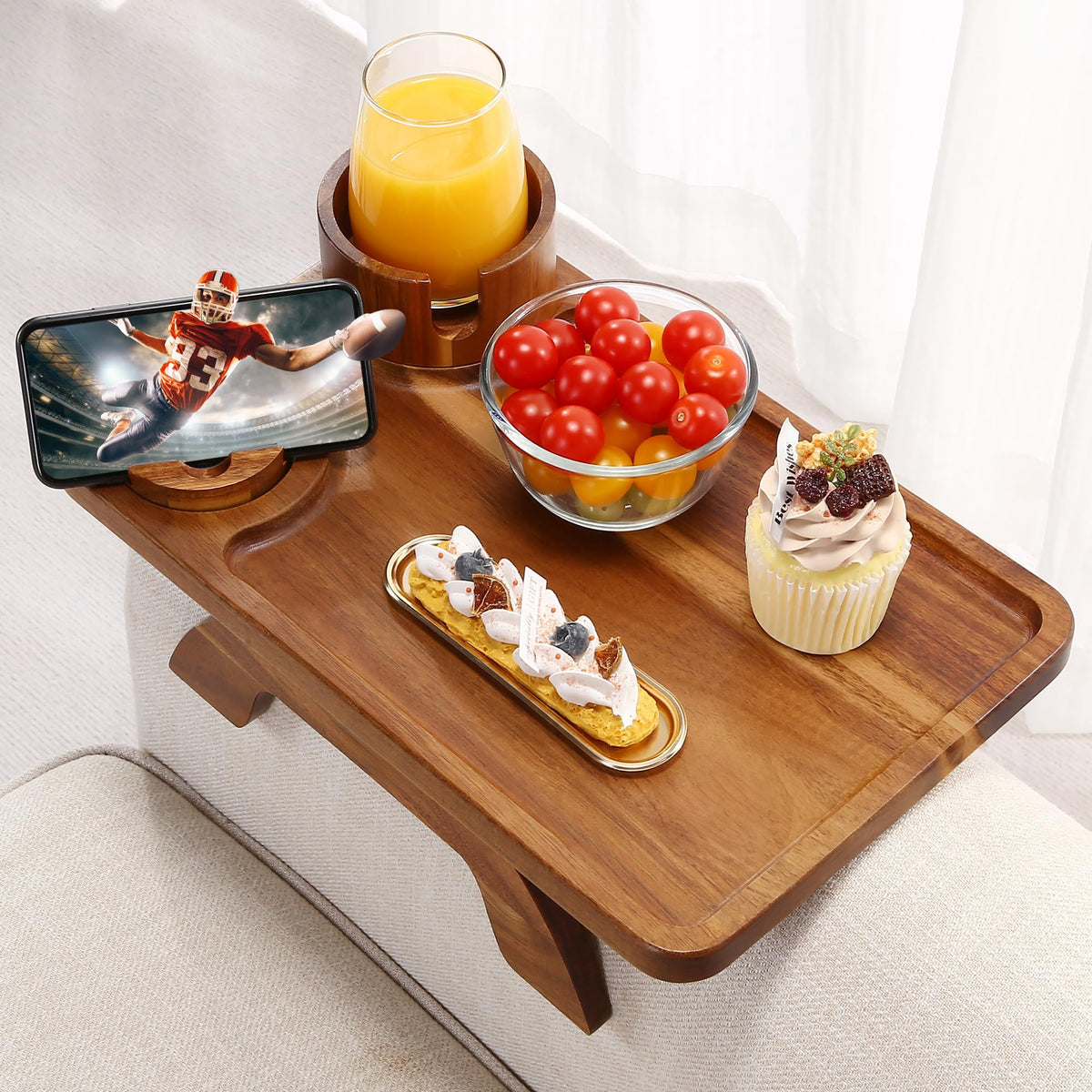Acanacle couch armrest tray in acacia wood for drinks within reach