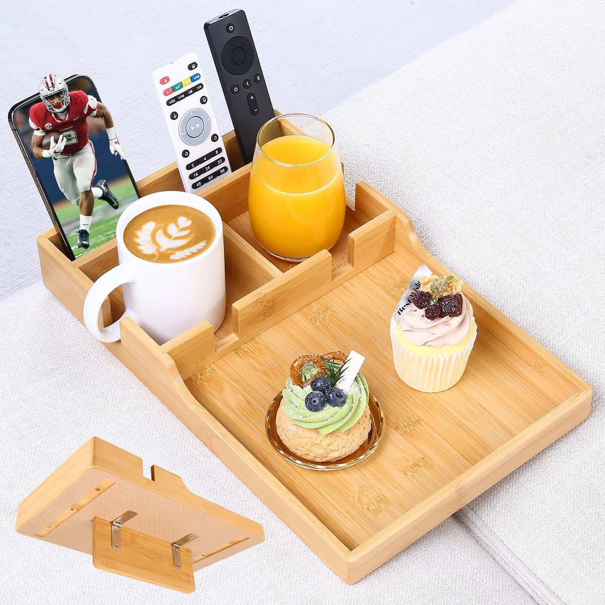 Acanacle couch-tray insert between cushions provides stable middle-seat surface.