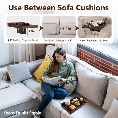 Acanacle fold-flat tray on an ottoman supports plates up to eight inches.