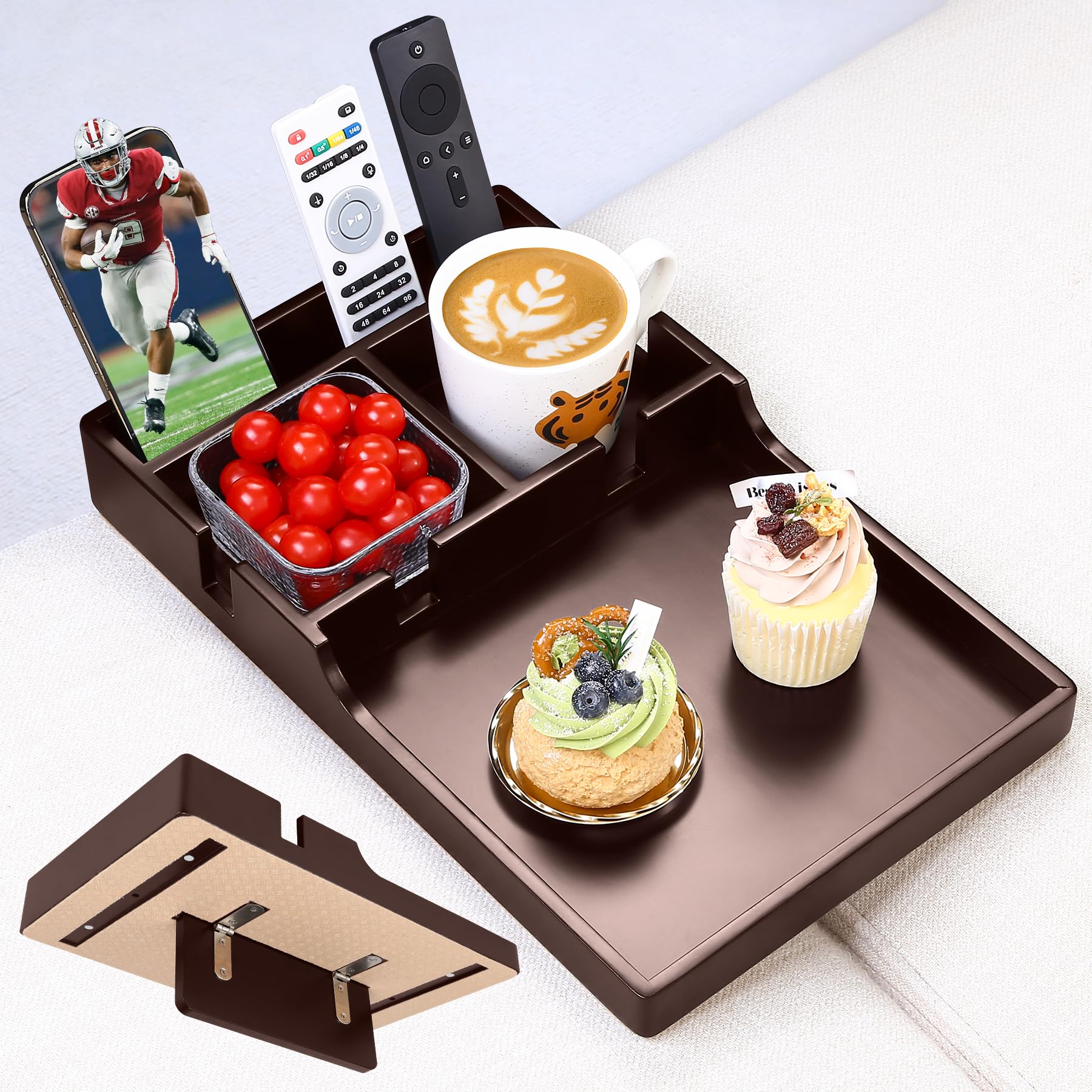 Acanacle sofa insert tray between cushions provides a stable surface for drinks.