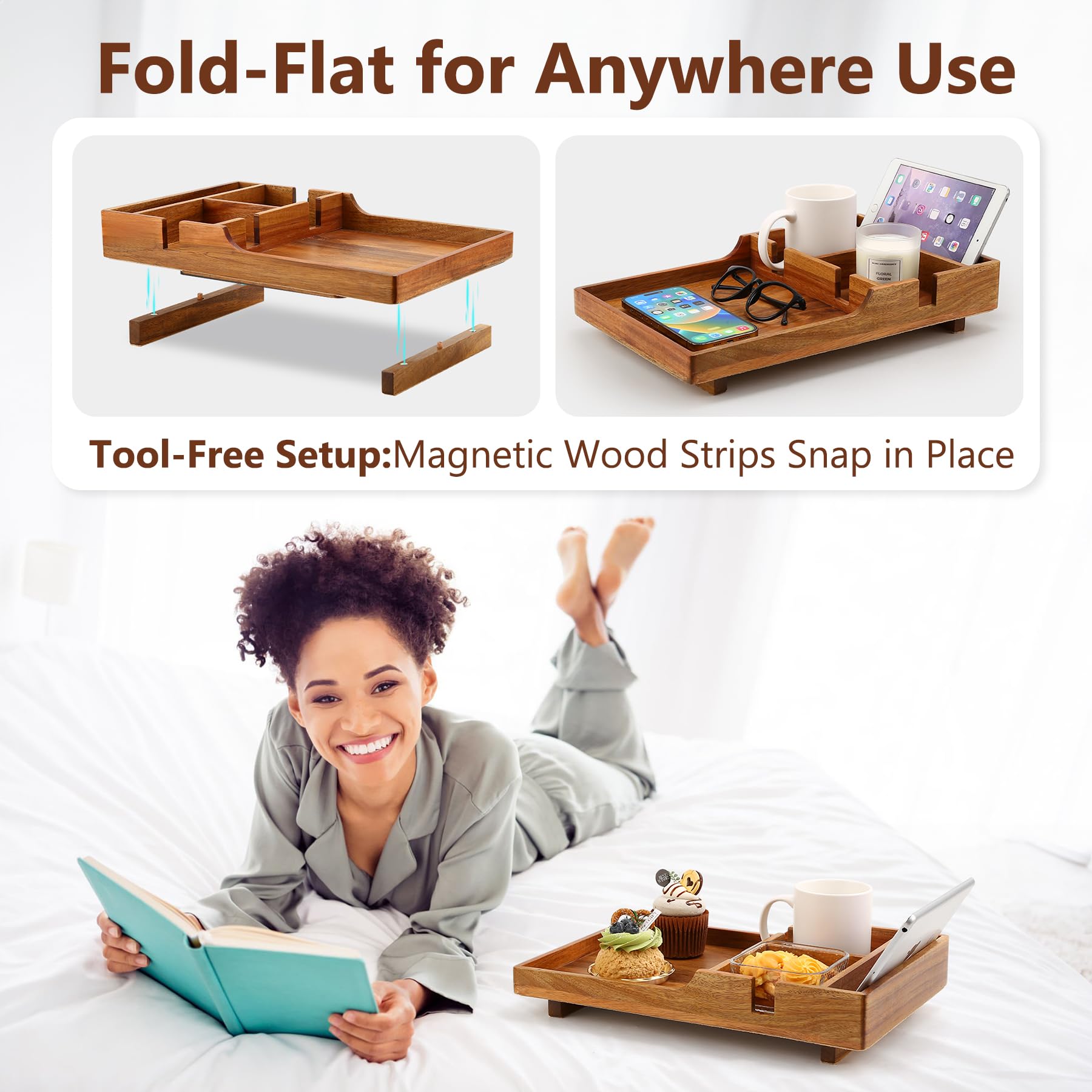 Acanacle tray layout displaying four compartments for remotes, mugs, snacks, and plates
