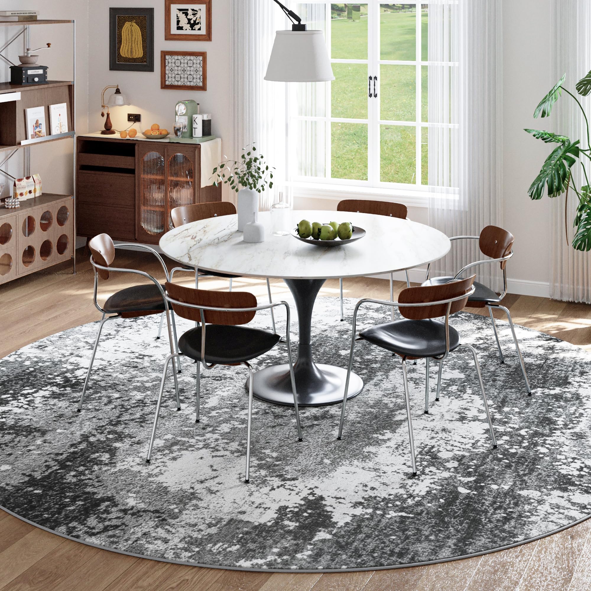 Acapet round rug grey abstract pattern in living room enhances modern decor and coziness.