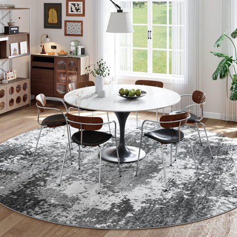 Acapet round rug grey abstract pattern in living room enhances modern decor and coziness.
