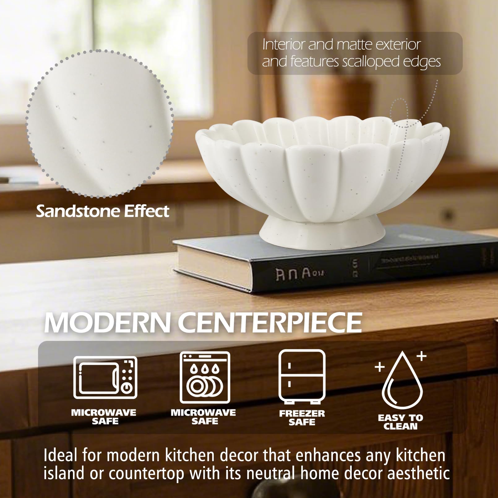 Accessoryway 8inch white scalloped bowl sandstone finish adds texture to decor