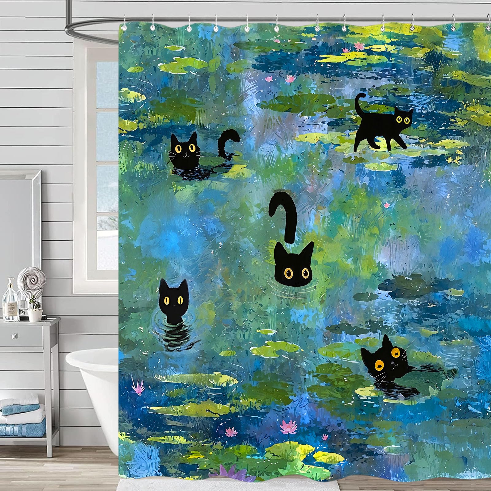 Accnicc Shower curtain with metal grommets and hooks for quick, secure hanging.