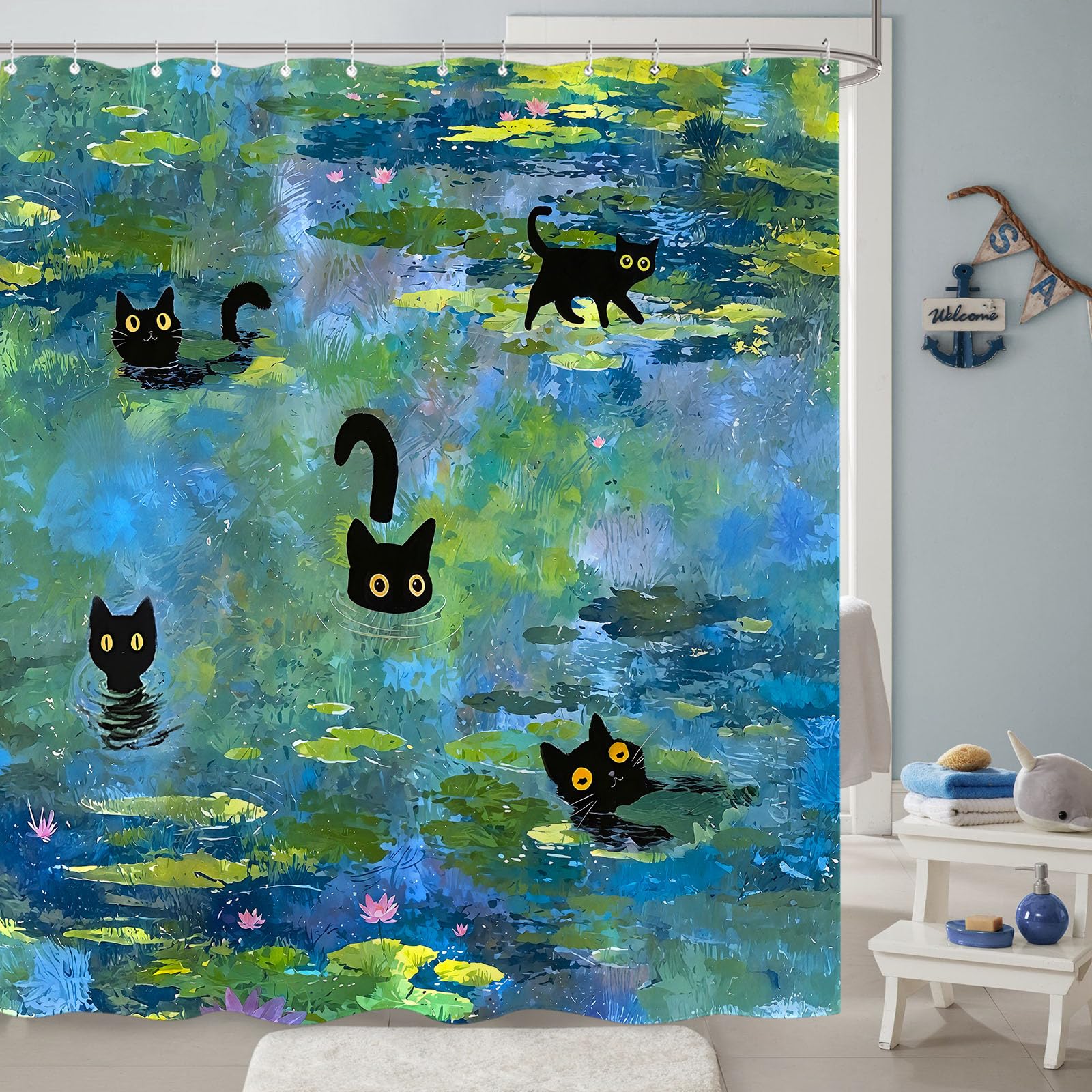 Accnicc Cat Pond Scene Shower Curtain adds artistic flair to baths and guest bathrooms.