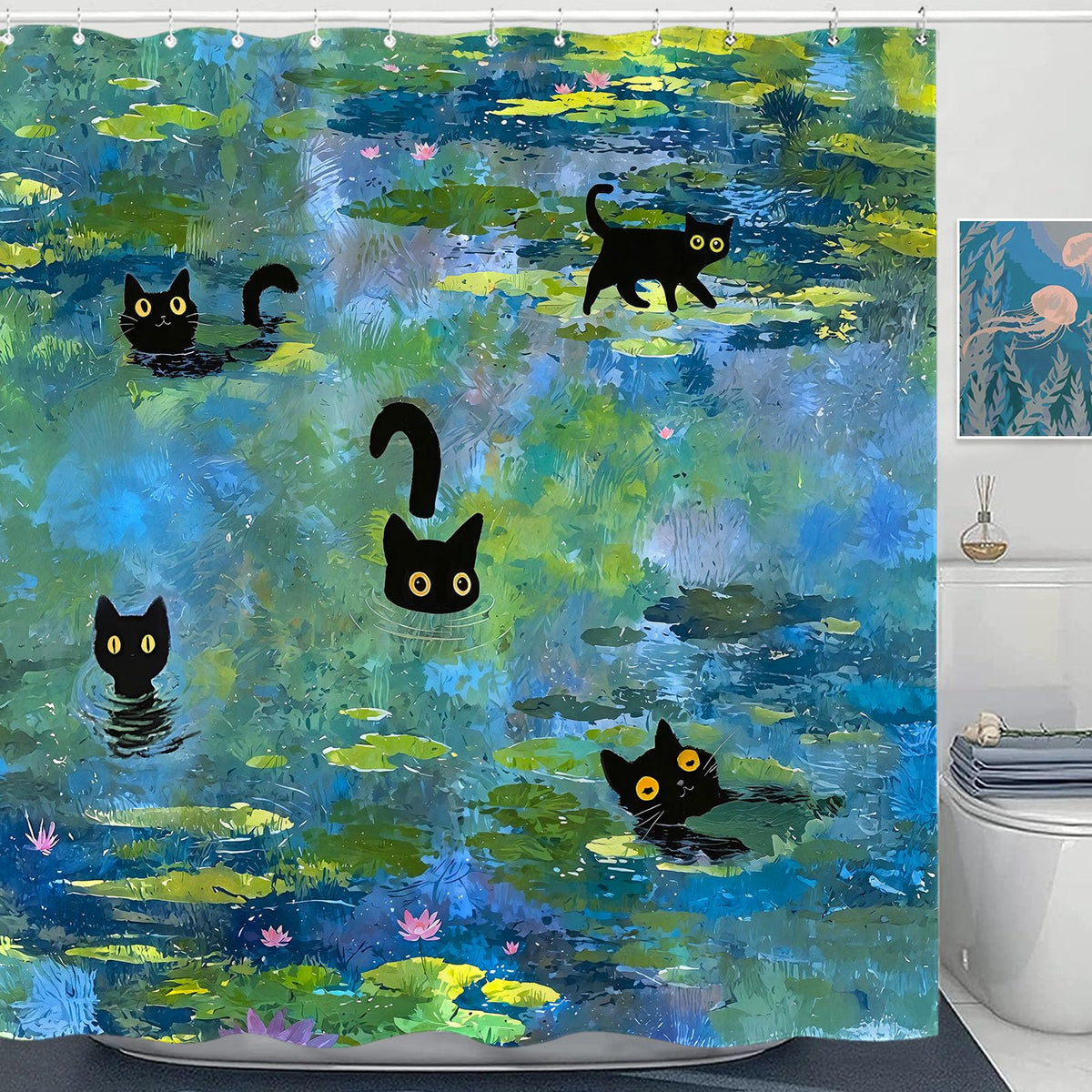 Accnicc Cute Cat Shower Curtain with Monet water lilies for chic bathroom decor.