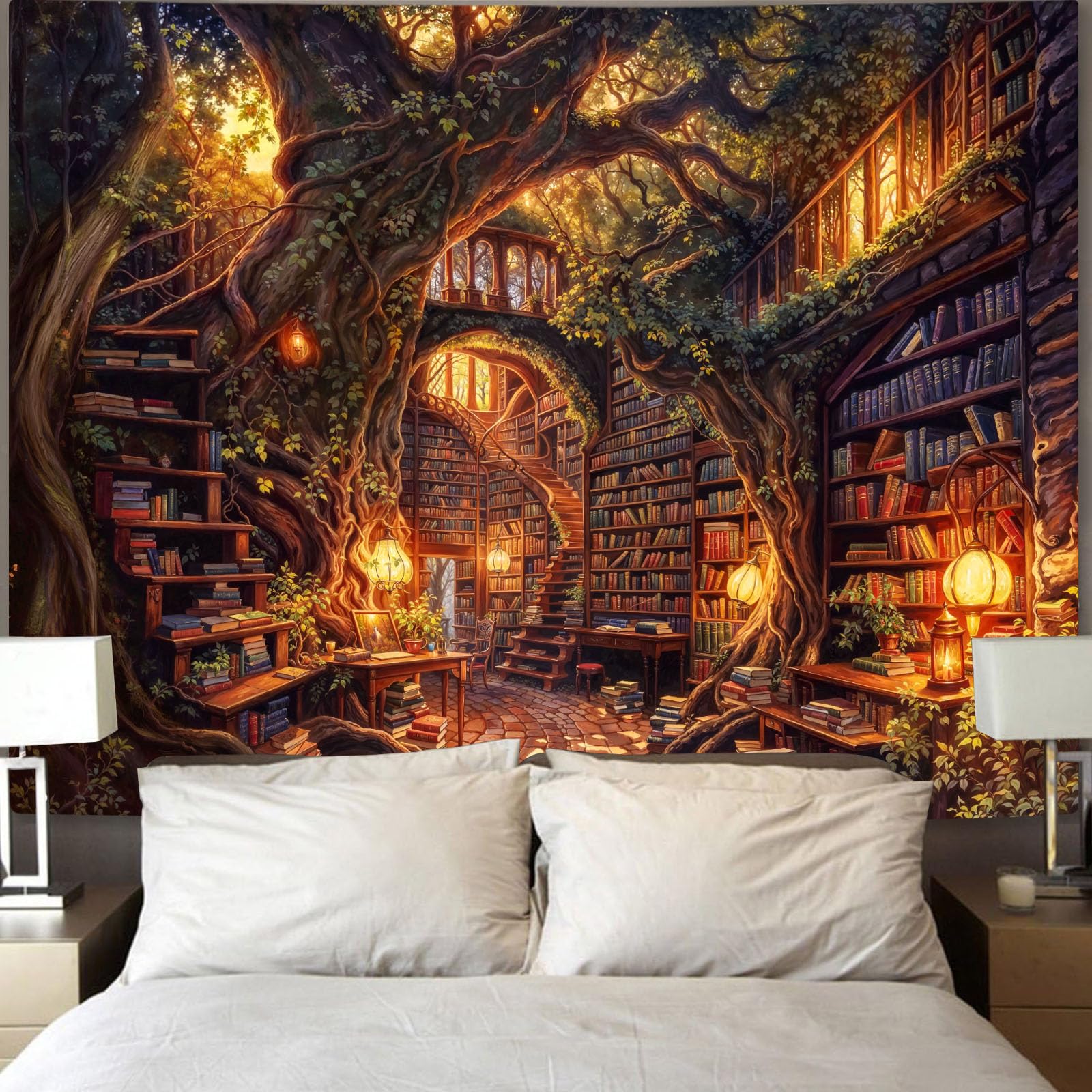 Accnicc Forest Library tapestry highlights lush greenery and forest library mood.