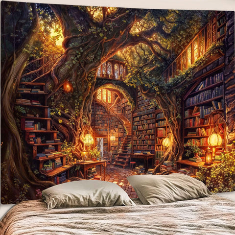 Accnicc Forest Library tapestry featuring a tree bookshelves wall art for a cozy reading focal point.