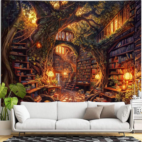 Accnicc Forest Library tapestry with warm lighting scene enhances bedroom ambiance.