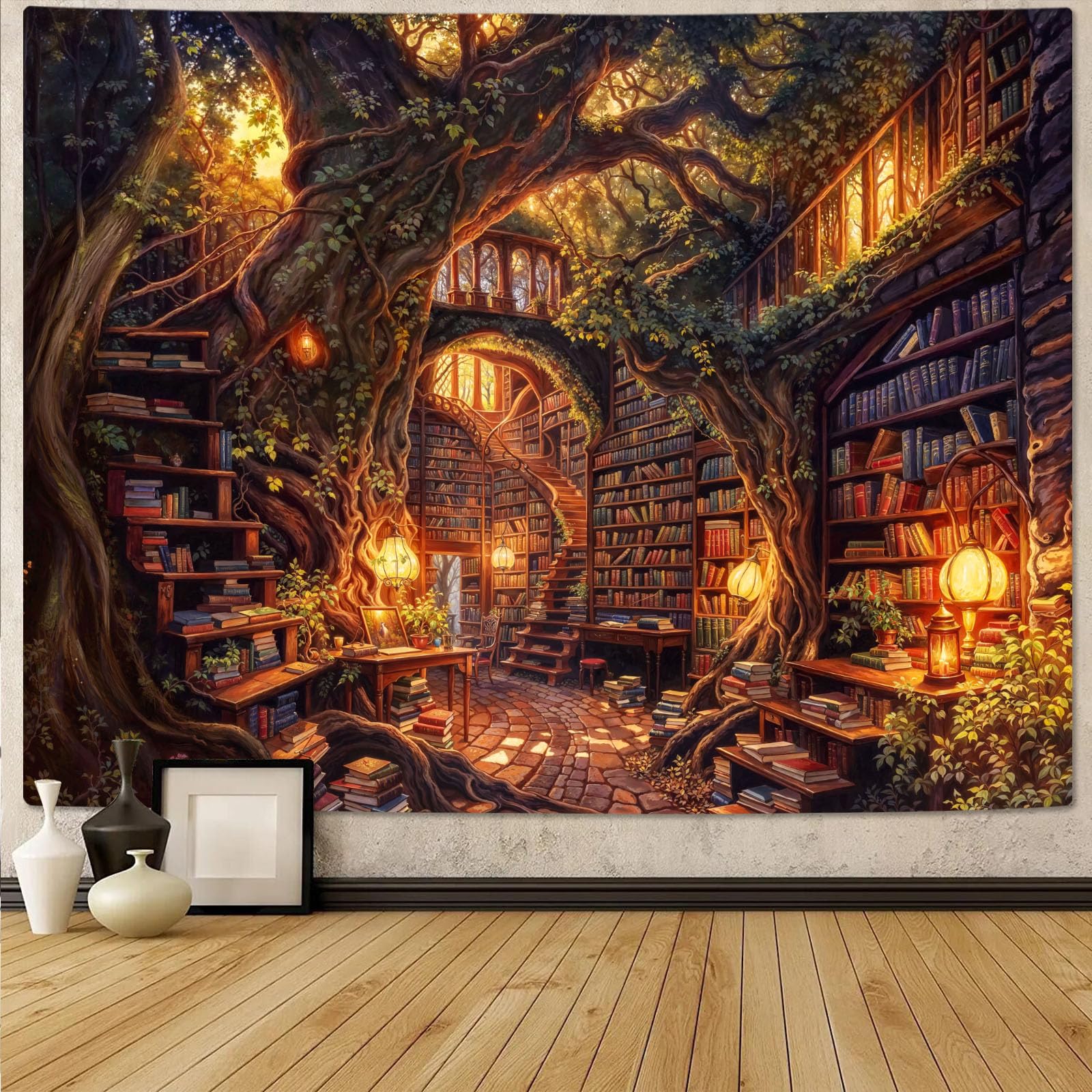 Accnicc Forest Library tapestry shows winding stairs and greenery for a magical touch.