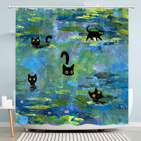 Accnicc Monet-inspired cat art curtain in waterproof polyester for durable bathroom styling.