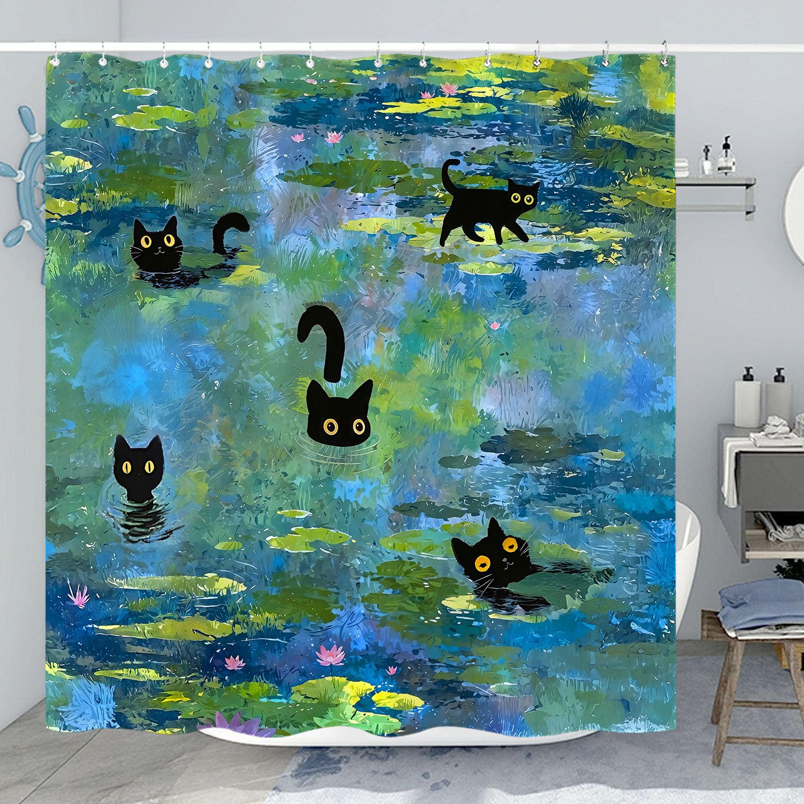 Accnicc 72x72 inch cat curtain fits most tubs for versatile bathroom setups.
