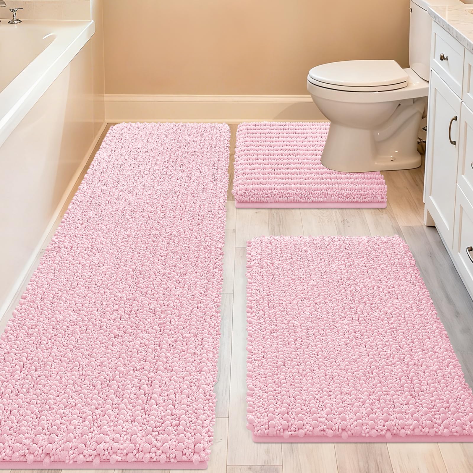 ACCUMTEK upgrade extra-large pink bath rug 48x20 for plush comfort and foot warmth.
