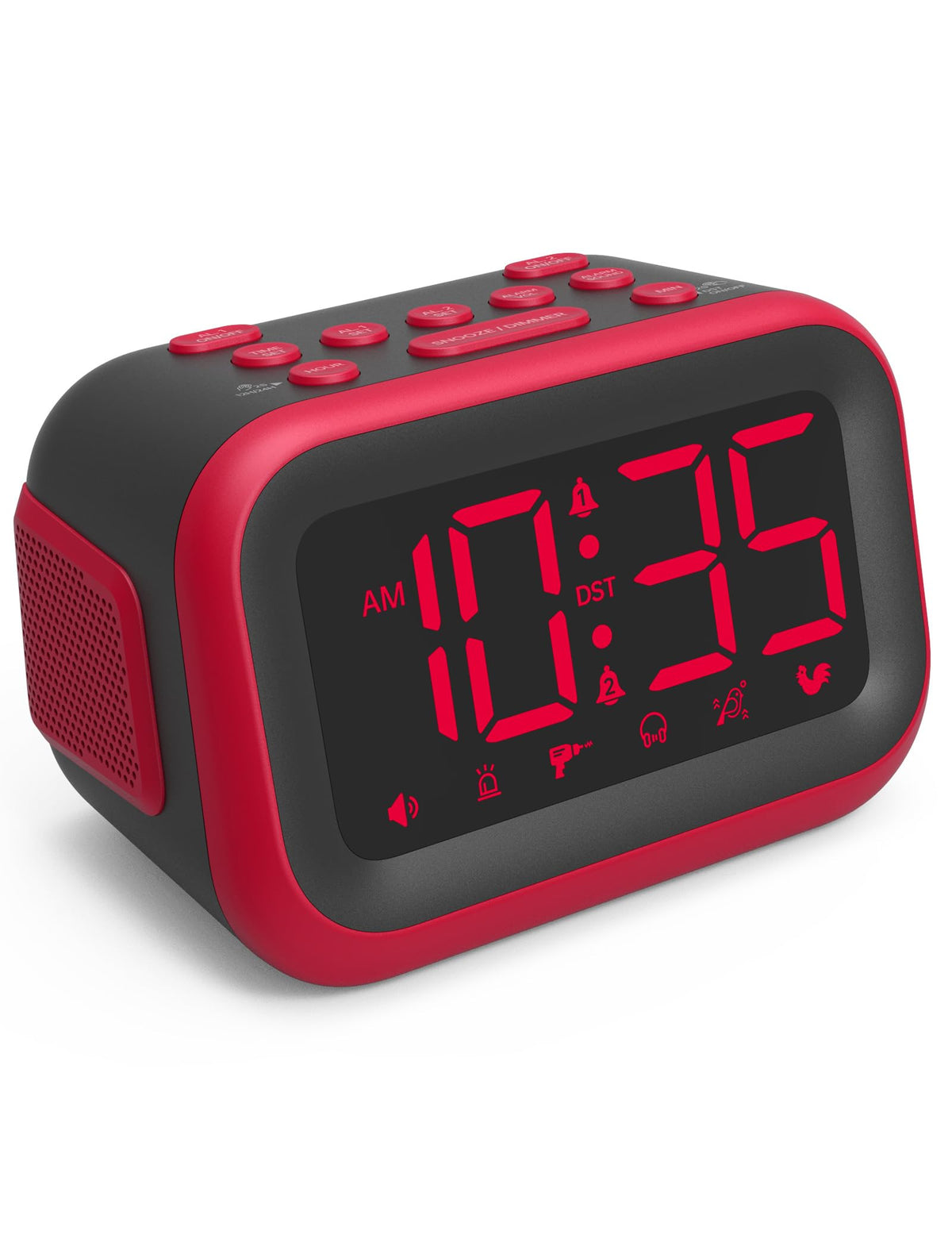 Acedeck loud alarm clock front view shows 115dB alert for heavy sleepers with on-time wake-up promise