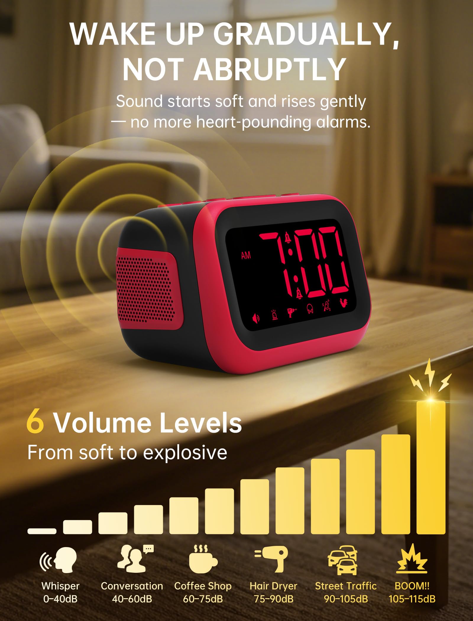 Acedeck red alarm clock suitable for dorm rooms with bold design