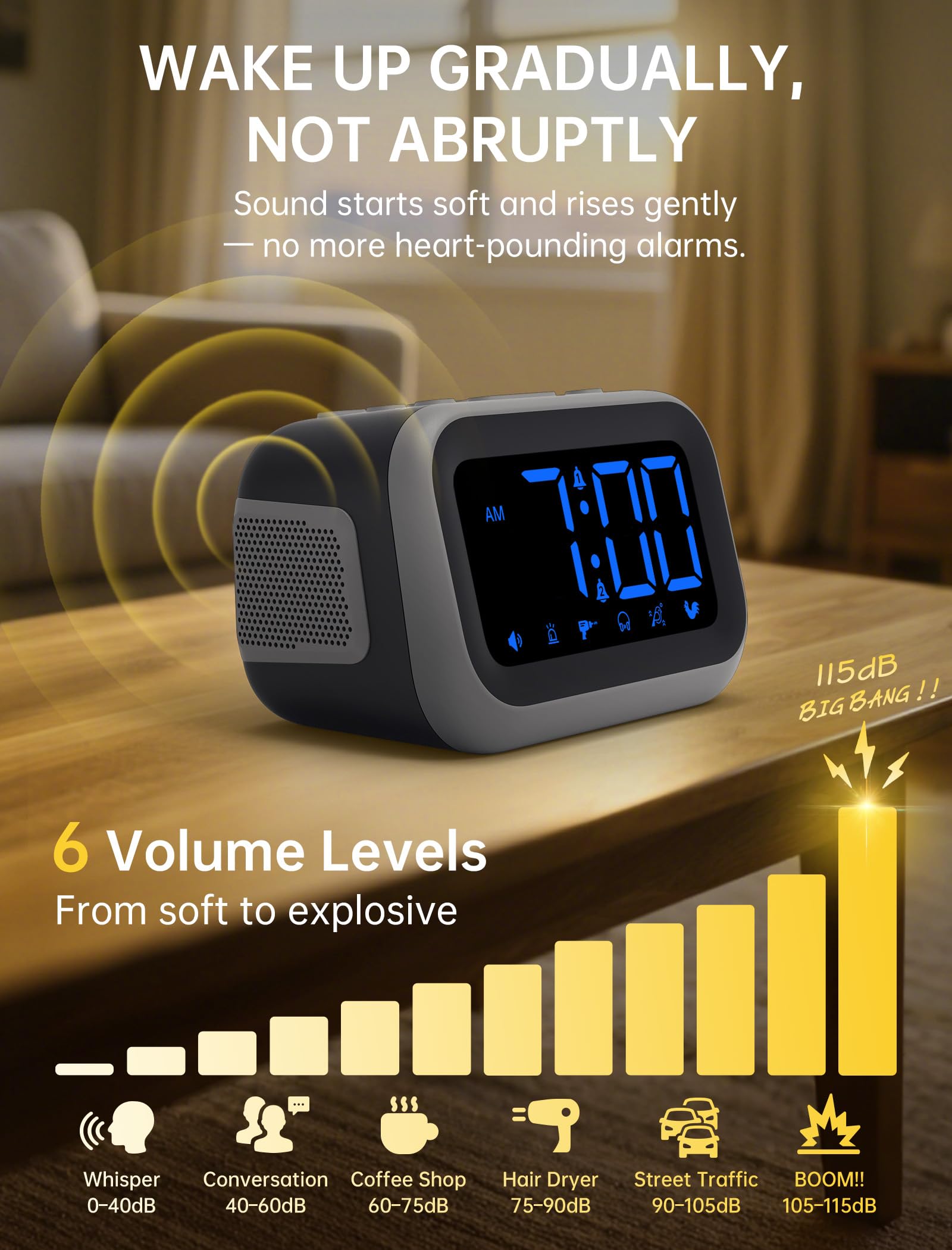 Acedeck 6 alarm sounds option, versatile tones for different days.