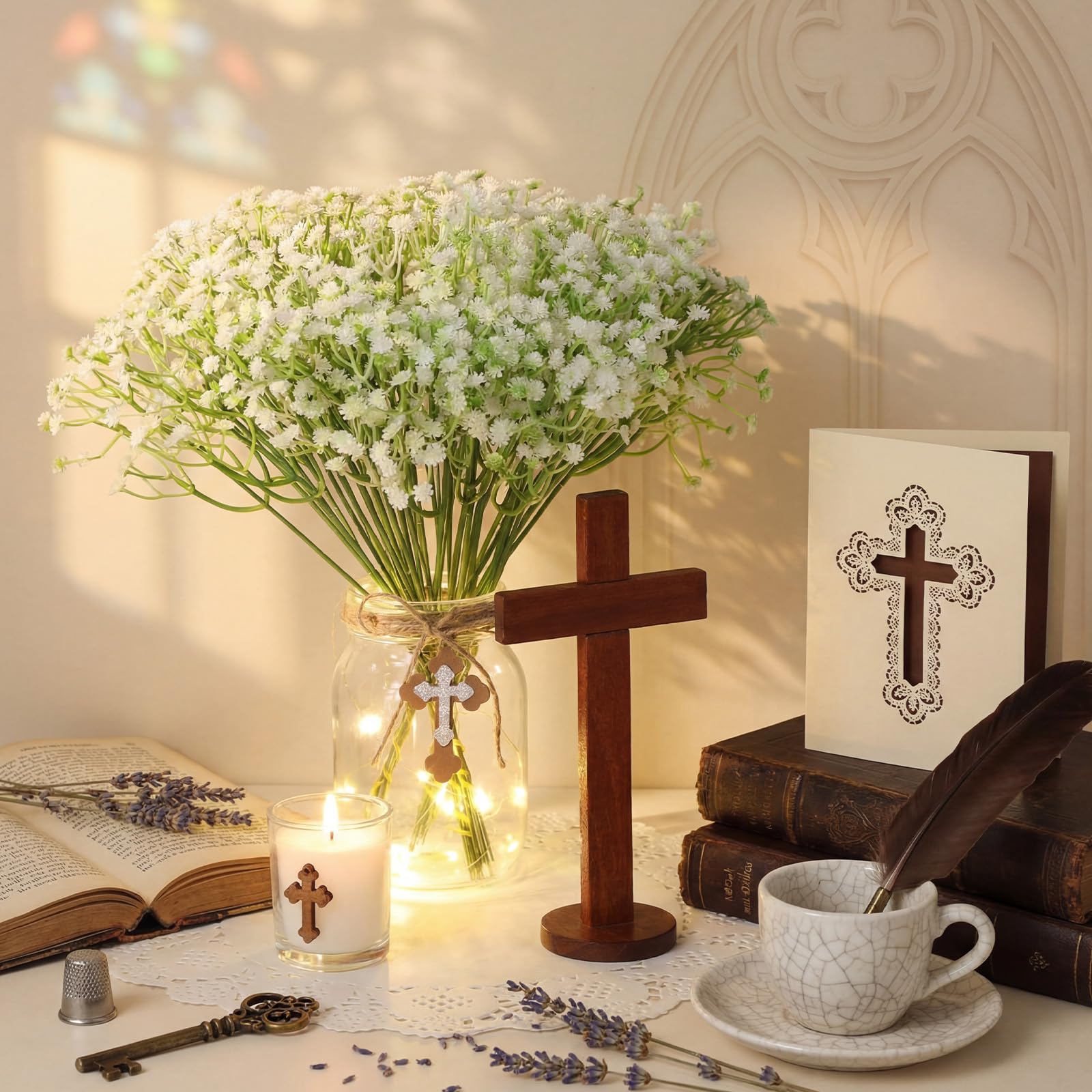 Acellegic baptism mason-jar centerpiece creates warm, elegant focal point