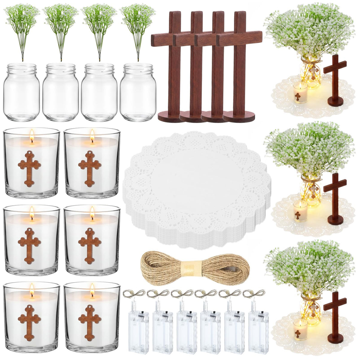 Acellegic wooden cross centerpiece enhances baptism table decor