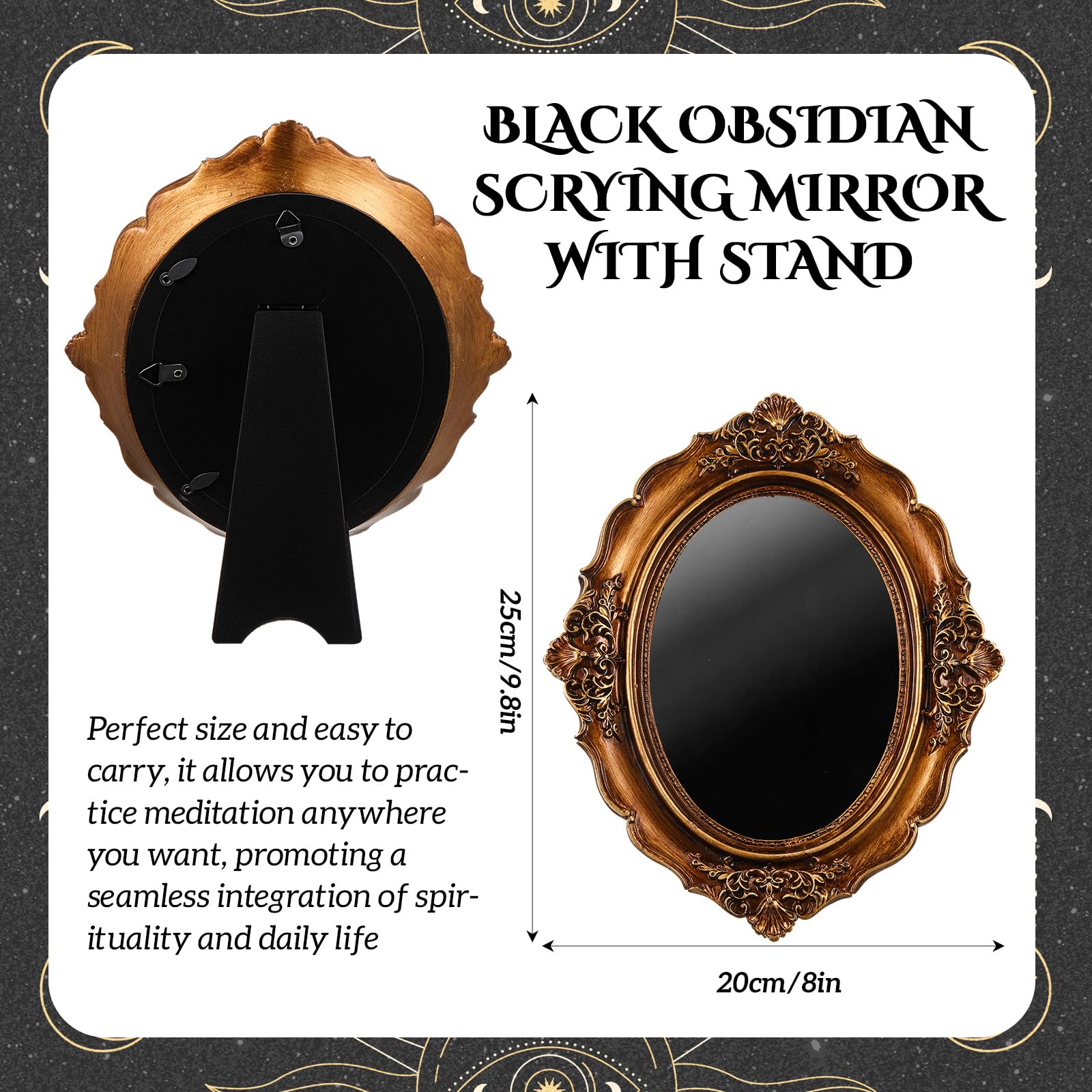 AceOrbit Black Obsidian Oval Mirror back stand displayed for stable altar setup
