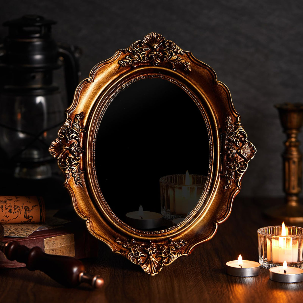 AceOrbit Black Obsidian Oval Mirror front view in vintage brown frame for meditation