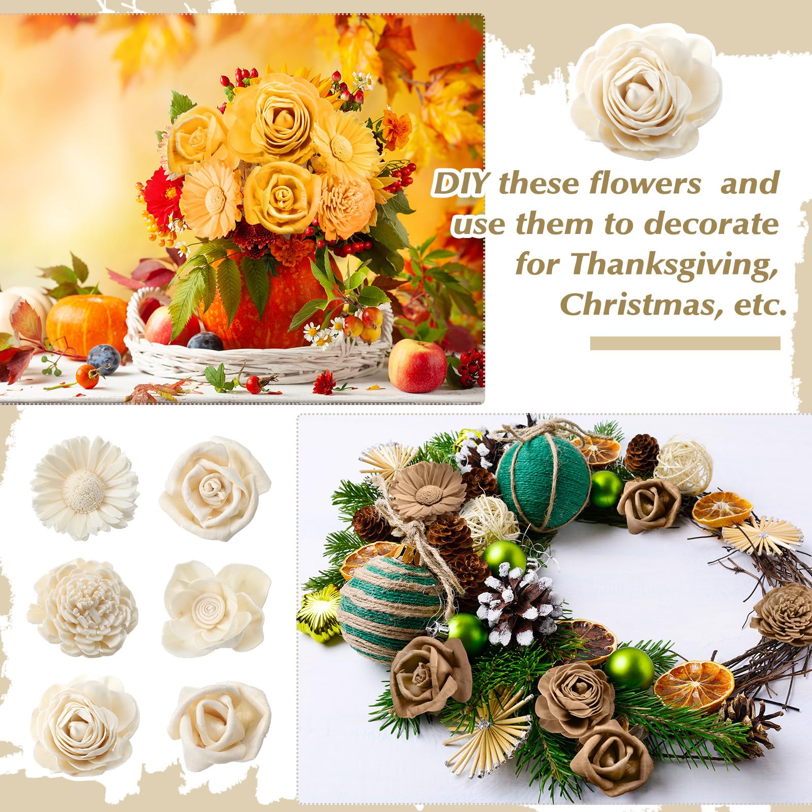 AceOrbit home decor display featuring the 50-piece sola wood flower set.